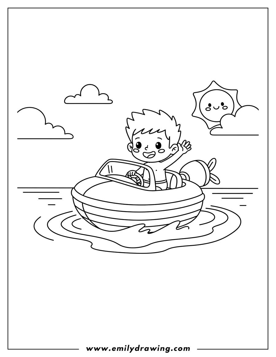 High quality printable small Jet Boat on water for coloring