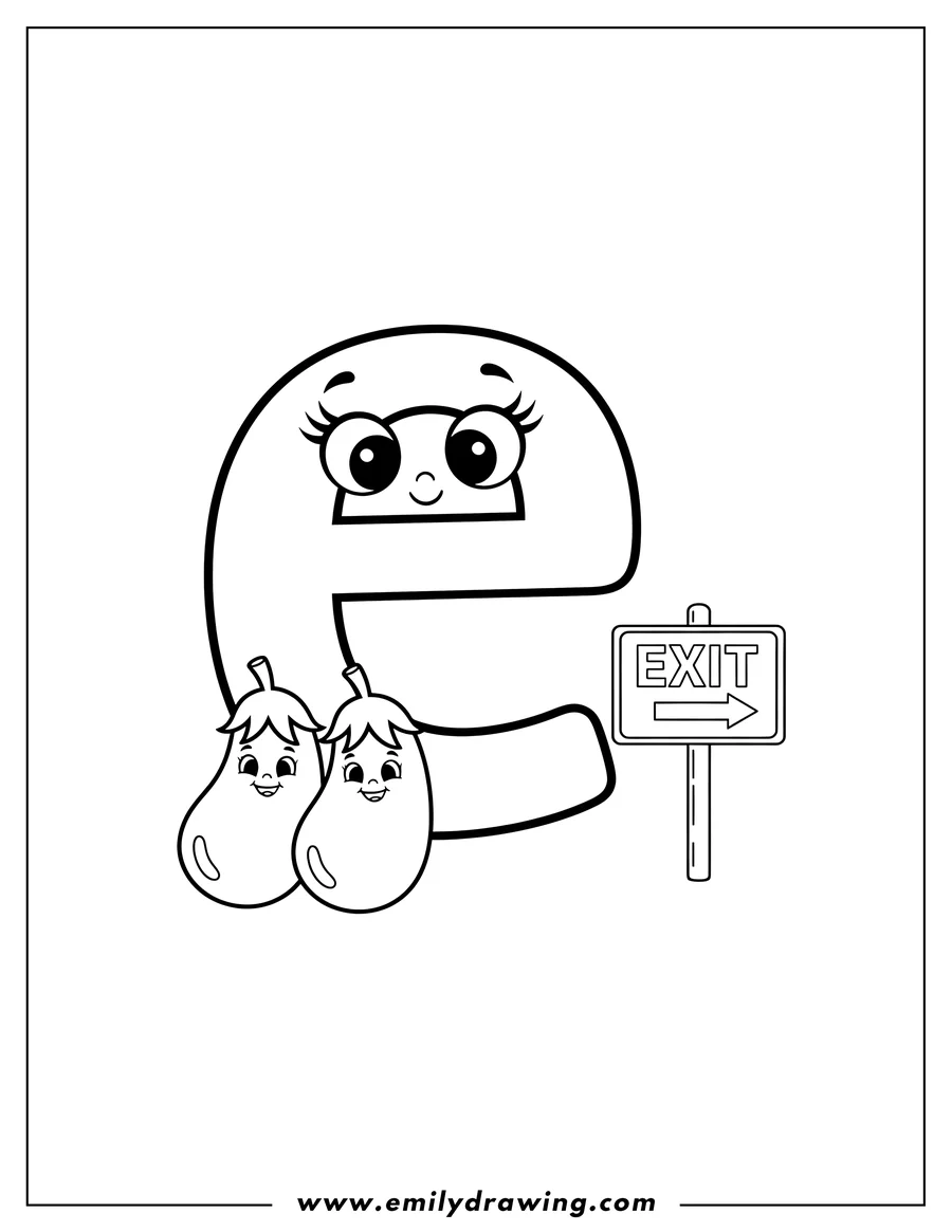 Free printable coloring sheet of small Letter E With Things That Start With E, featuring drawings of eyes, eggplants, and an exit sign