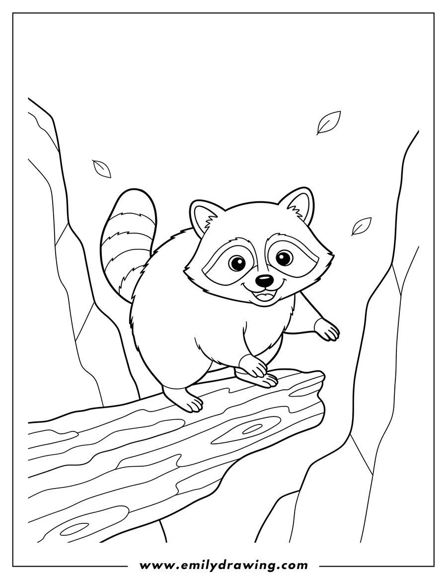 Outline drawing of small Racoon Balancing On Ledge, looking forward with a friendly smile