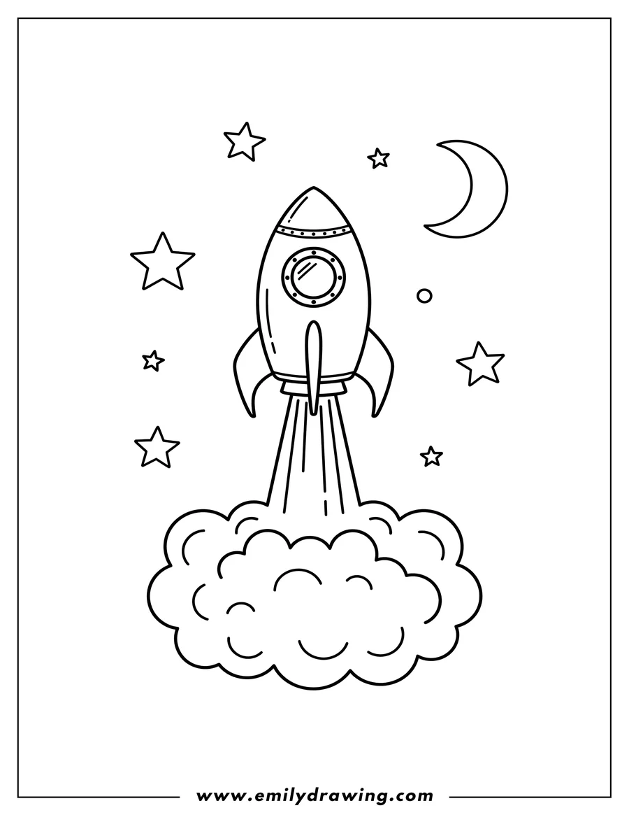 Printable line art of small rocketship with a porthole launching with smoke trails into outer space