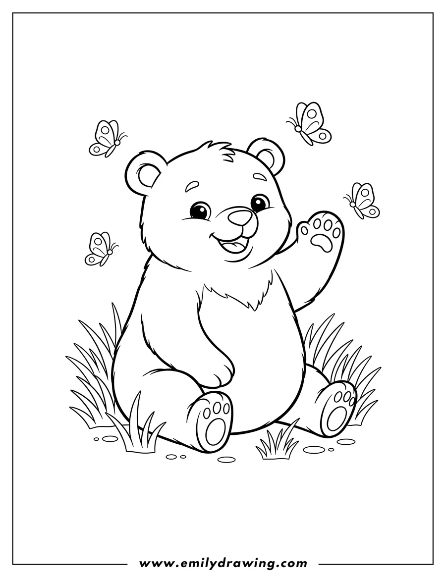 Doodle style coloring picture of cute Smiling Bear with One Paw Raised, Sitting in Grass with Flying Butterflies