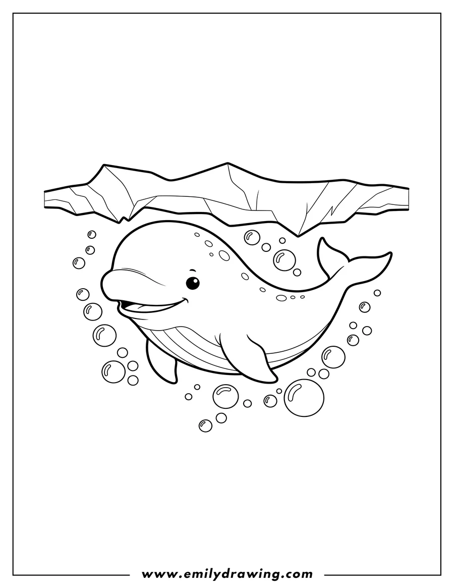 Printable line art of cute smiling beluga whale swimming under arctic ice, surrounded by bubbles