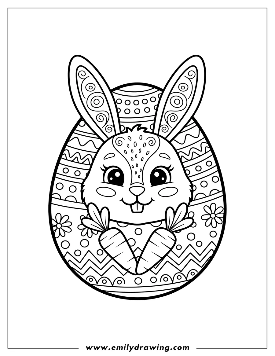 Downloadable coloring page of cute smiling bunny face and carrots on an Easter egg