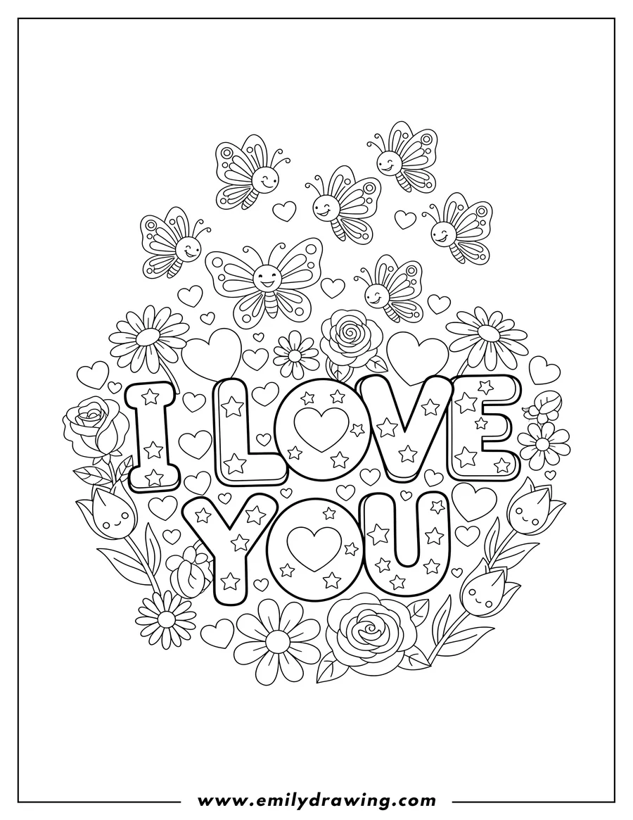 Clean line drawing: smiling butterflies flying above star-decorated 'I LOVE YOU' text, surrounded by hearts and flowers