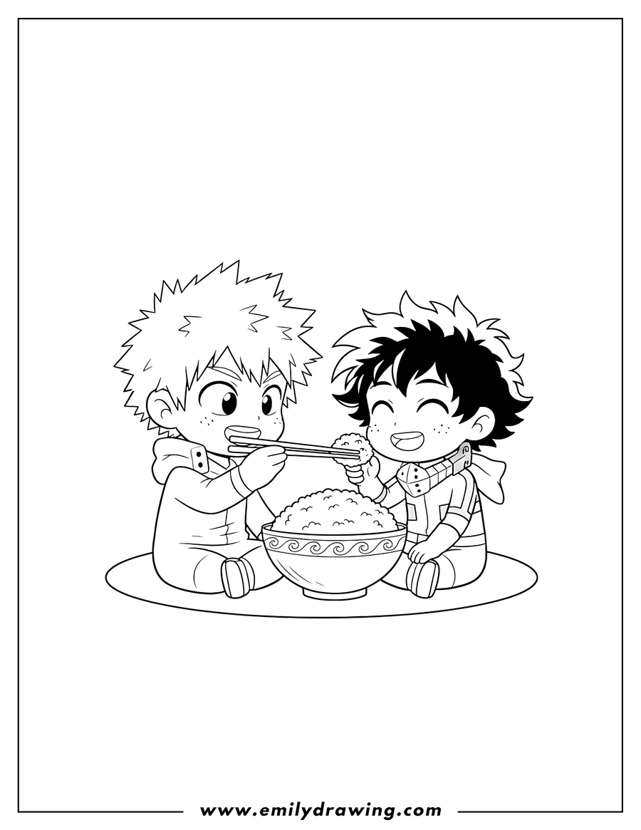 Coloring page of cute Bakugo Feeding Deku with chopsticks from a bowl