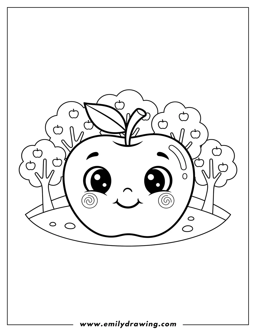 Coloring page for kids: smiling Cartoon Apple with big eyes, rosy cheeks, a leaf, and stem Surrounded By Apple Trees