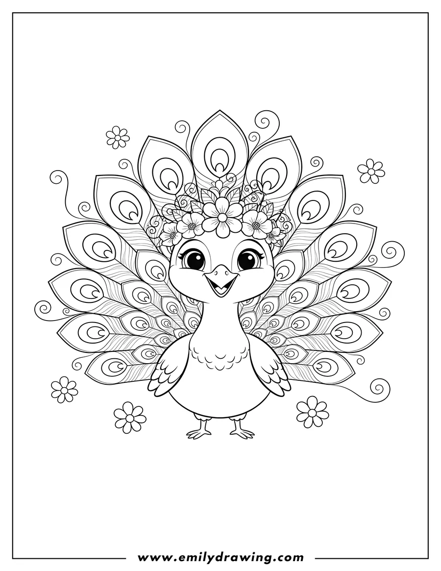 Downloadable coloring page of cute Smiling Cartoon Peacock With Floral Crown, Standing with Fanned Feathers
