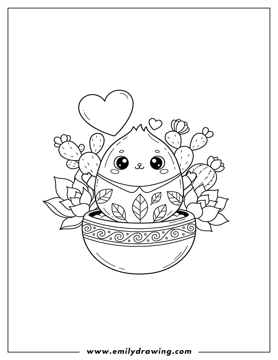 Coloring sheet featuring A cute smiling character in a succulent pot with a heart
