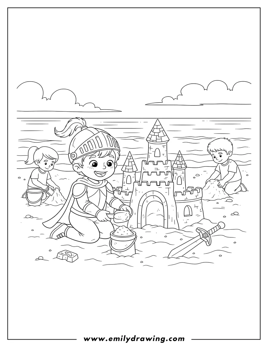 Printable line art of smiling child knight kneeling, building a sandcastle on a beach with a sword nearby. Preschoolers