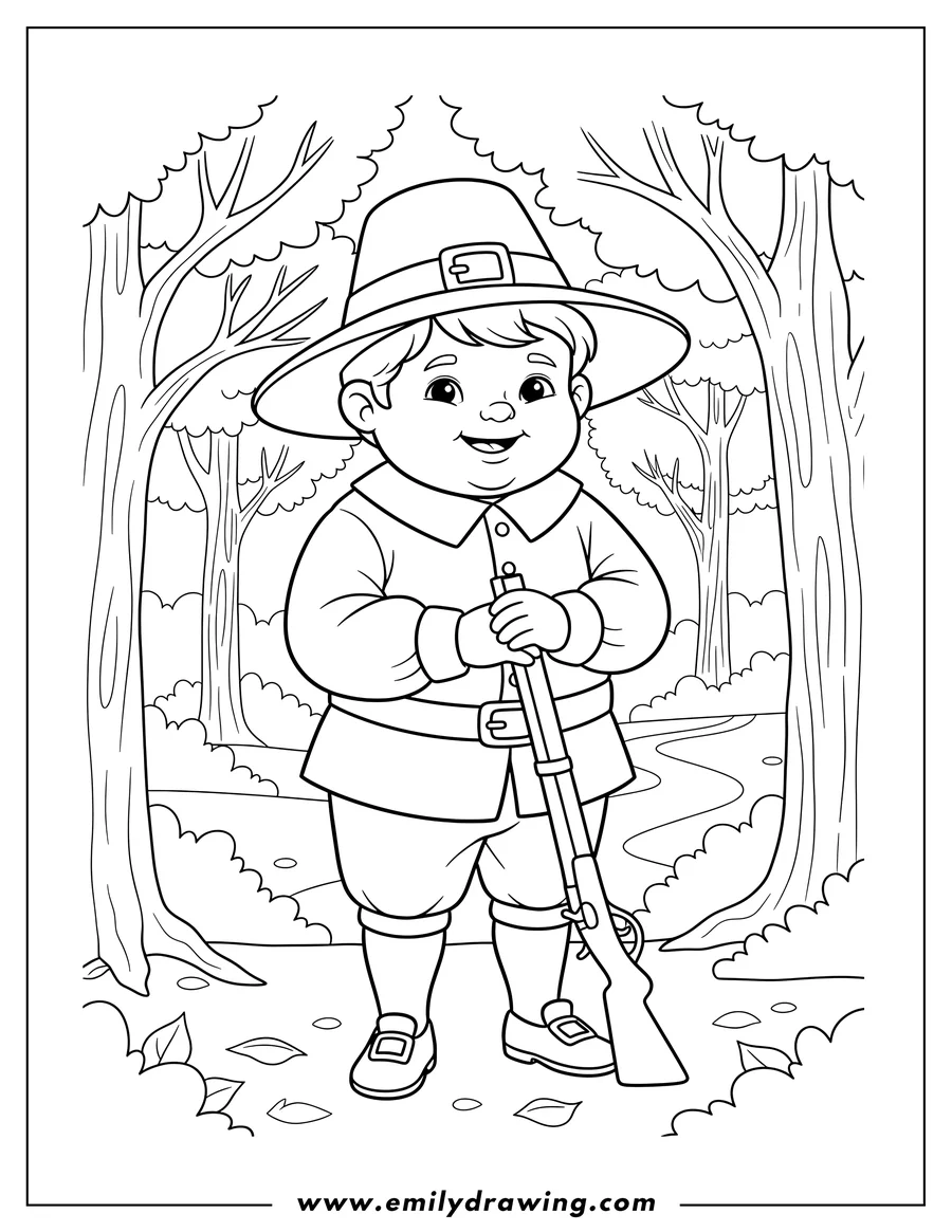 Vector style outline of smiling Child Pilgrim Holding Musket Forest