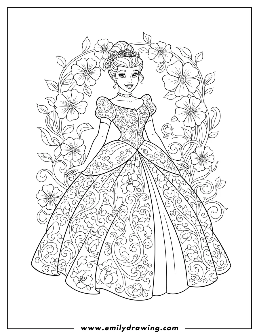Coloring sheet featuring smiling Cinderella-like princess in a beautiful ball gown with an updo and intricate patterns, flower background