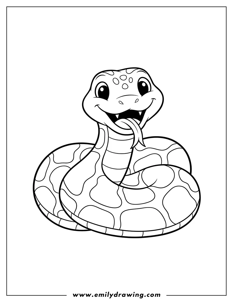 Clean line drawing: cute, smiling, coiled snake hissing outline