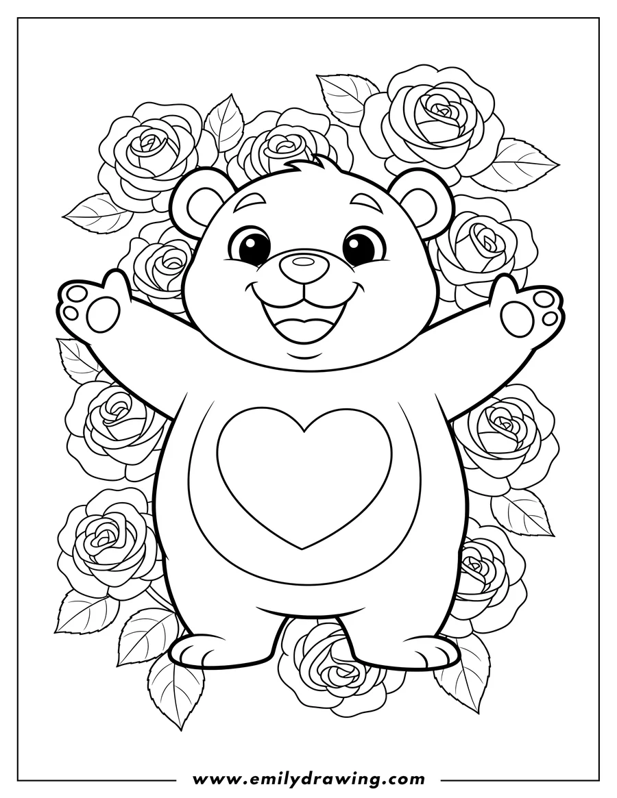 Outline drawing of smiling Critters Bearhug laughing with open arms and a heart on its chest With Rose Background