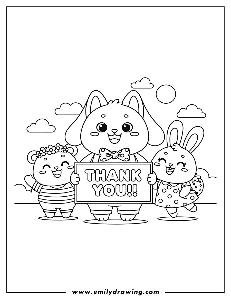 Linear illustration of cute Smiling Critters Characters Preschoolers, one holding a 'THANK YOU!!' sign