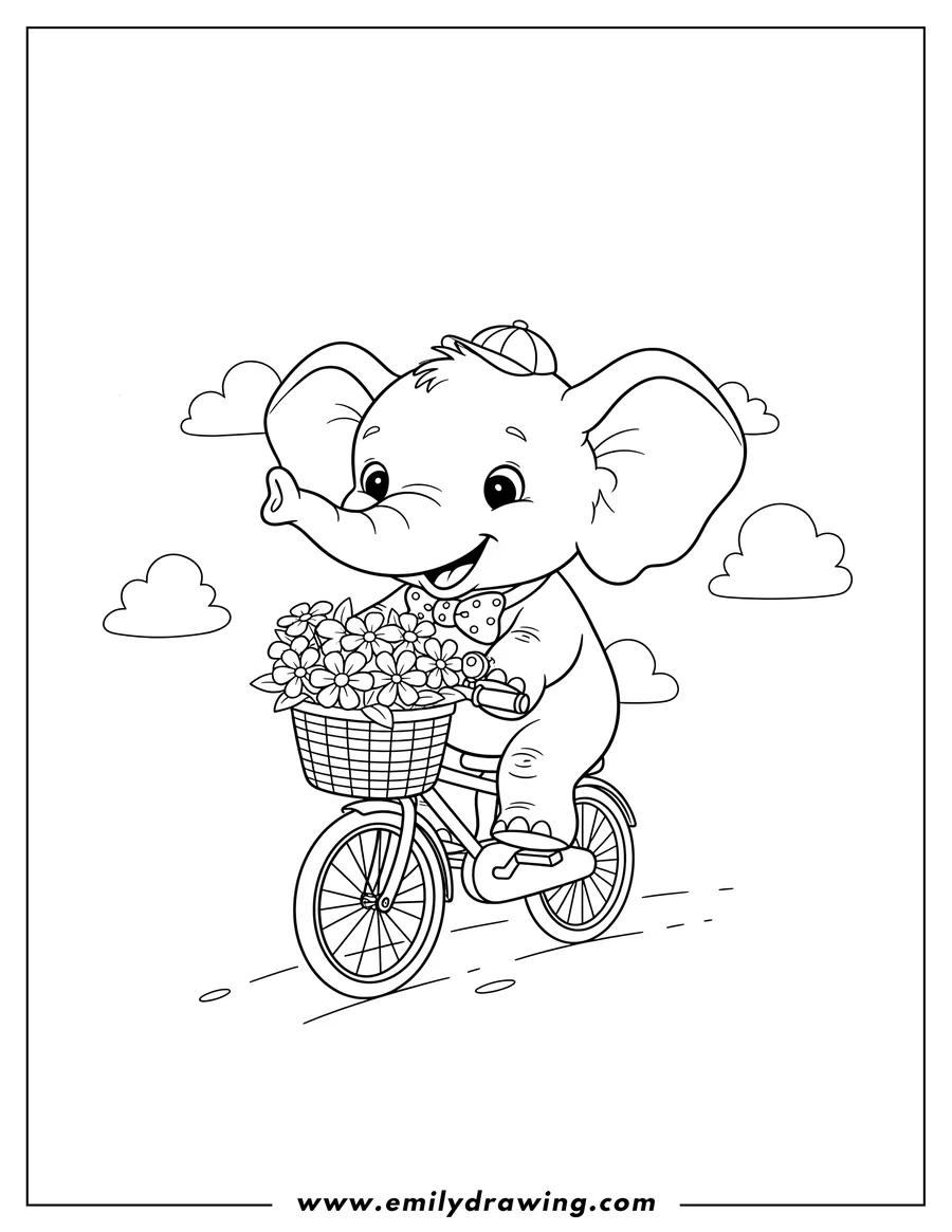 Coloring page of cute, smiling elephant riding a small bicycle with a basket