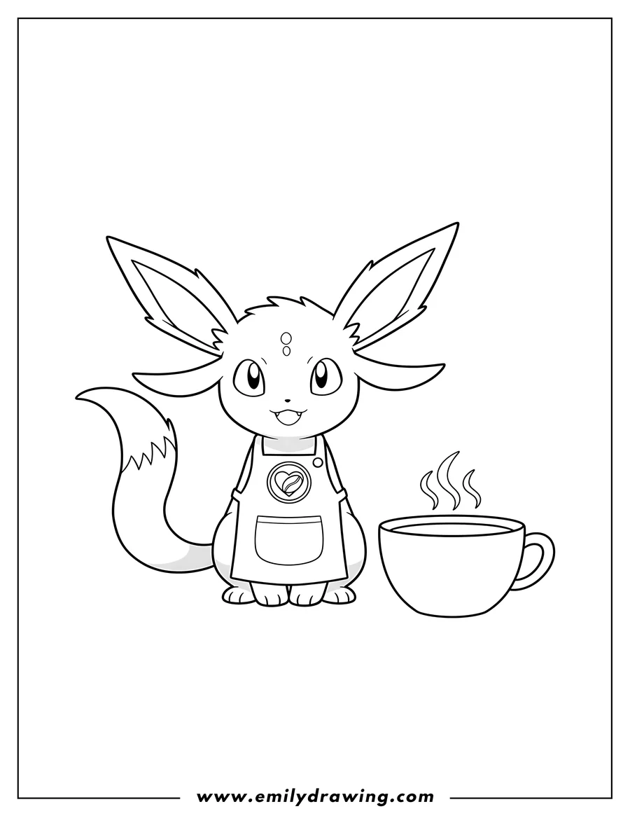 High quality printable cute smiling Espeon sitting, wearing a logo apron, next to a coffee cup for coloring