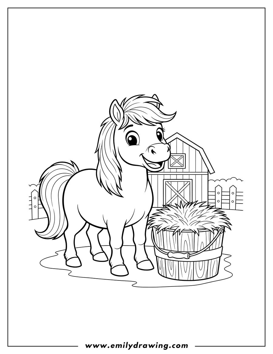 Coloring page of cute smiling farm animal pony standing next to a bucket of hay