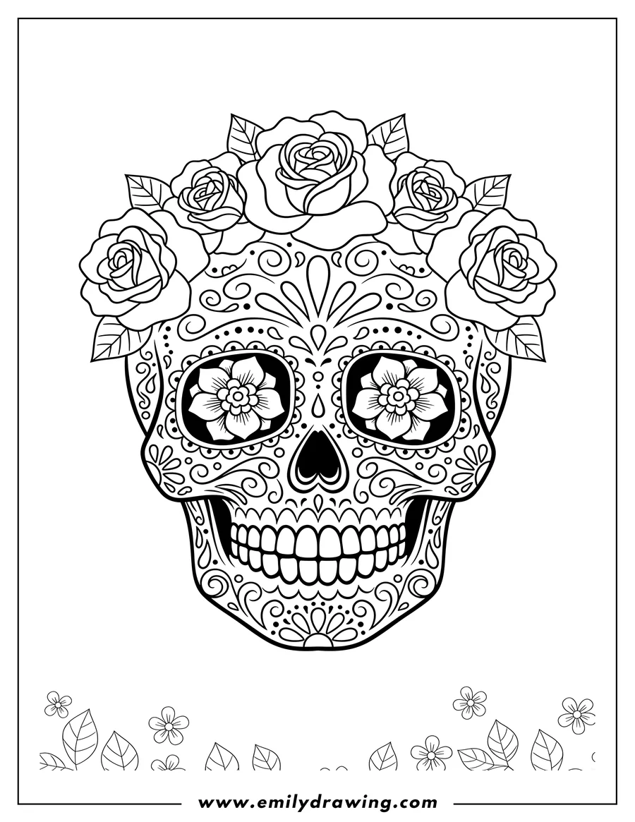 High quality printable smiling Female Sugar Skull with roses adorning its head and eye sockets, decorated with intricate patterns for coloring