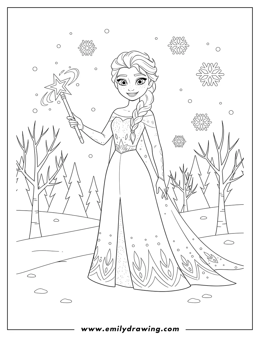 High quality printable smiling Freckled Elsa with braided ponytail wearing a long gown, holding a star wand in a winter forest for coloring
