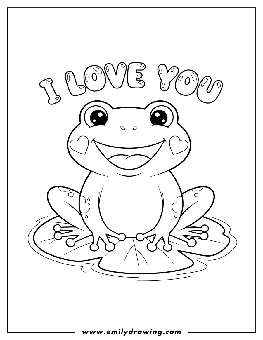 Vector style outline of I Love You Smiling Frog On Heart Shaped Lily Pad, with Heart Cheeks and 'I Love You' Text Above