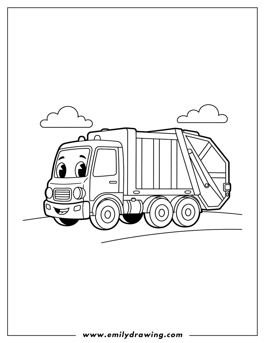 Full page coloring image of outline drawing of a cute smiling garbage truck with big eyes and six wheels, side view, preschoolers