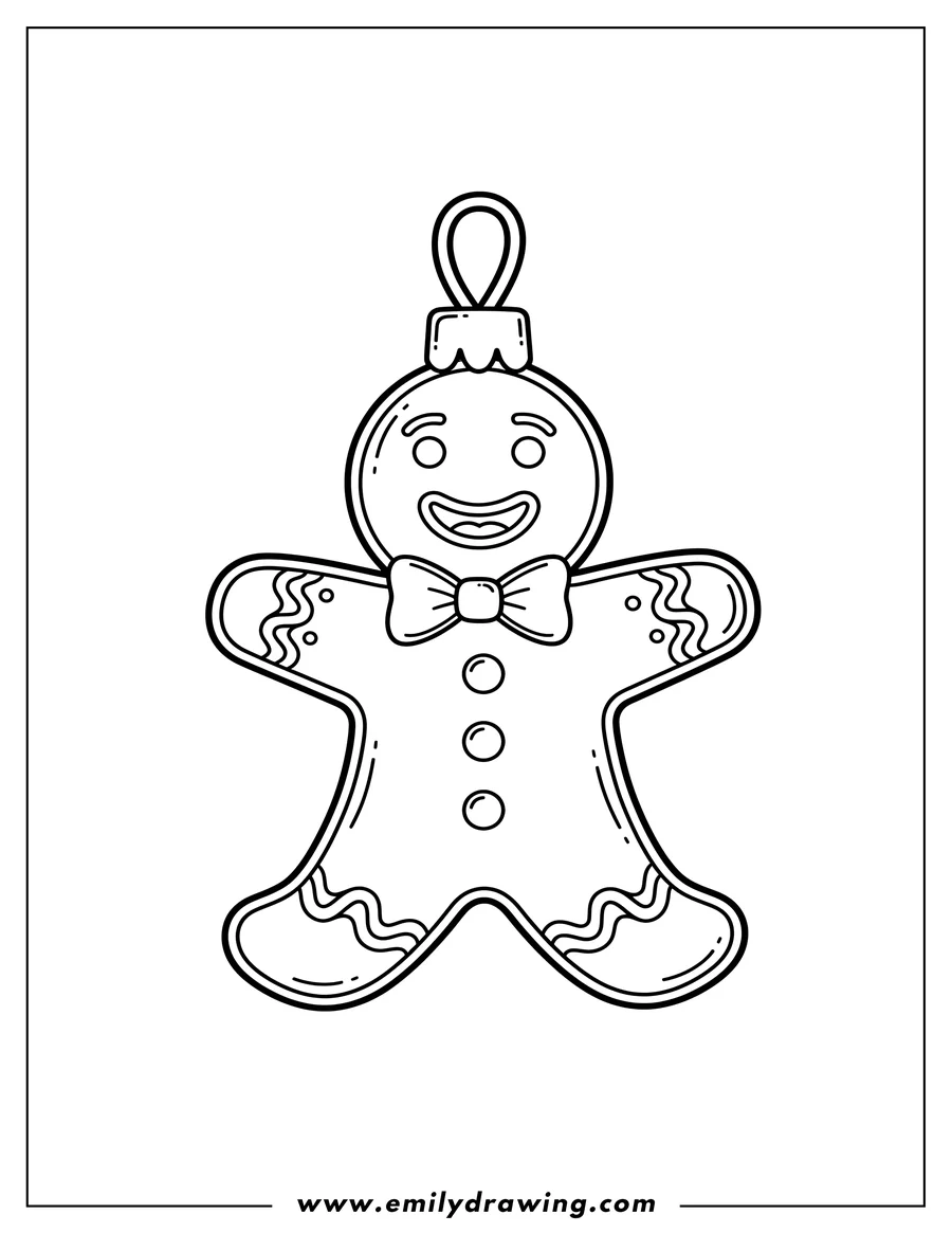 PDF style coloring page: smiling Gingerbread Man Ornament wearing a bow tie, with buttons and wavy icing