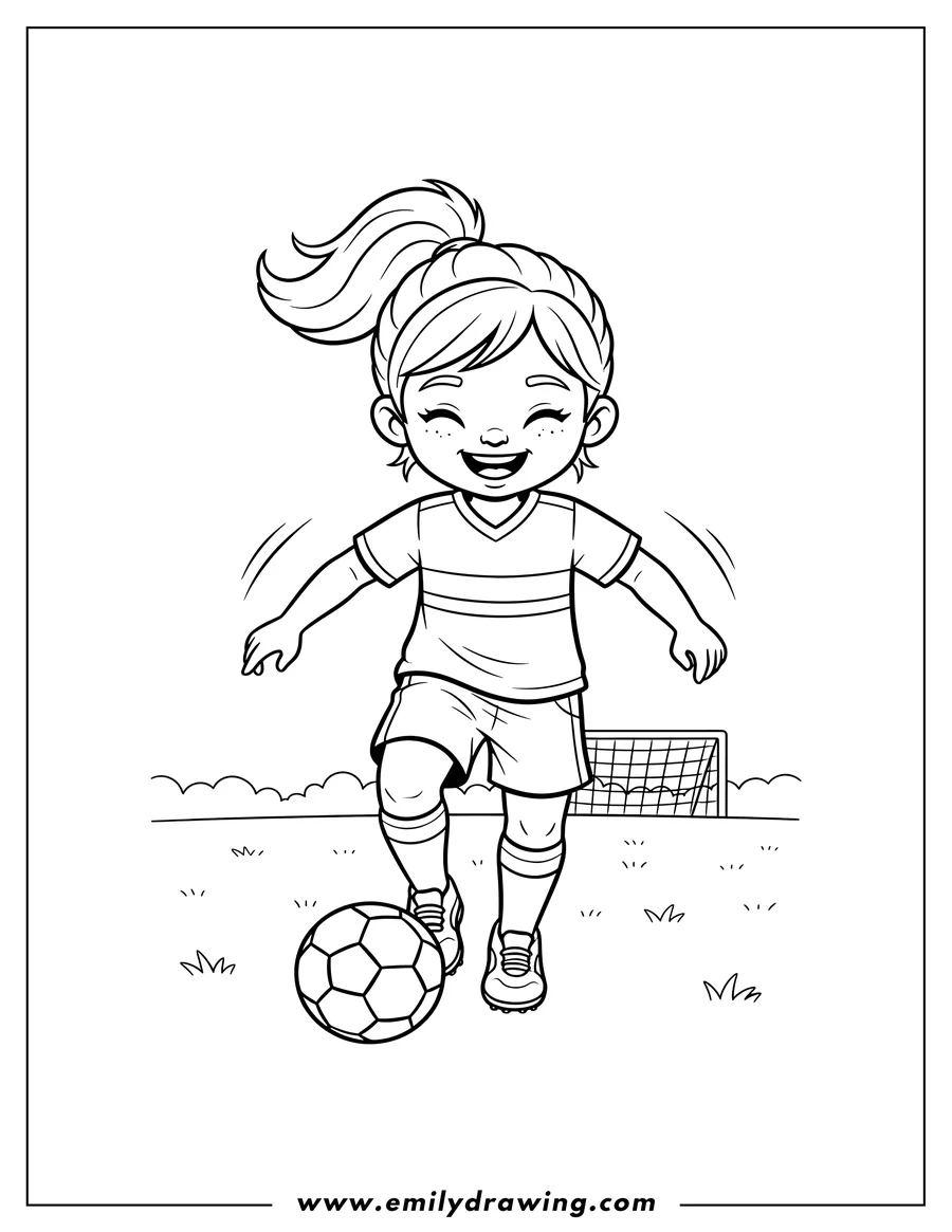 Downloadable coloring page of smiling girl with a ponytail dribbling a soccer ball