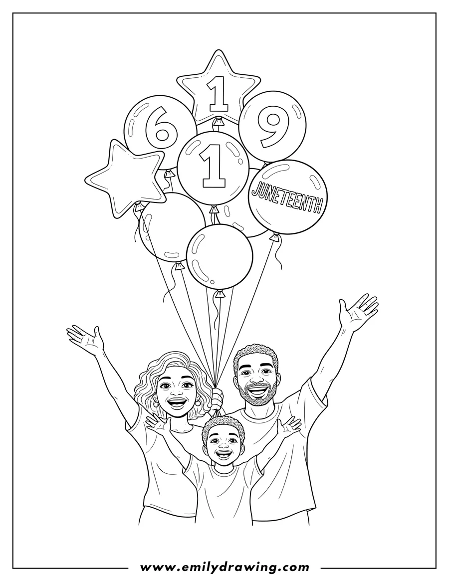 Simple sketch of smiling group of three people reaching up to celebrate Juneteenth balloons held in the sky to color
