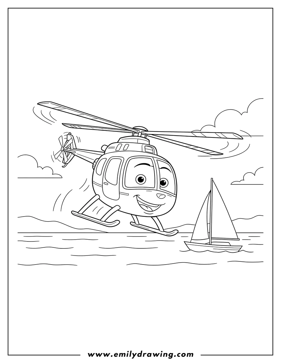 Simple sketch of smiling helicopter from the Cars movie flying over water next to a sailboat to color