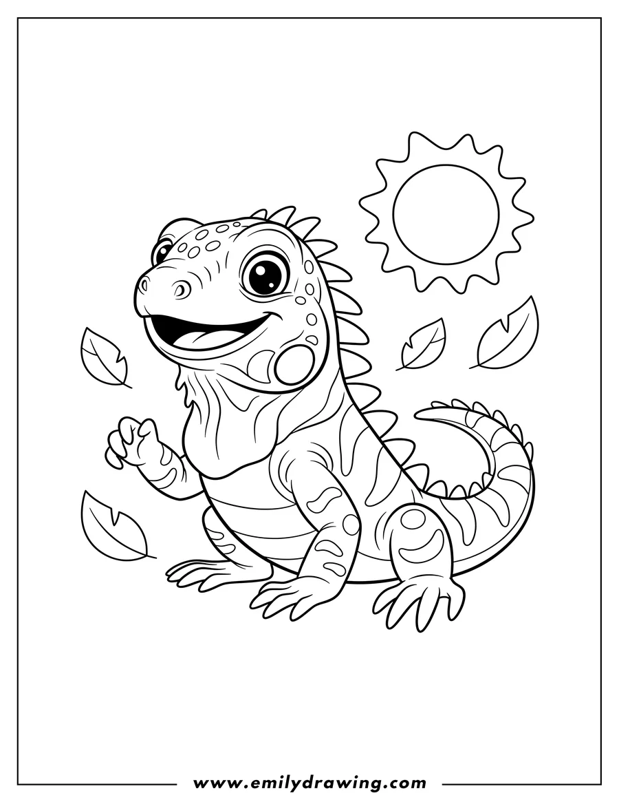 Coloring page of cute Smiling Iguana with spikes and stripes