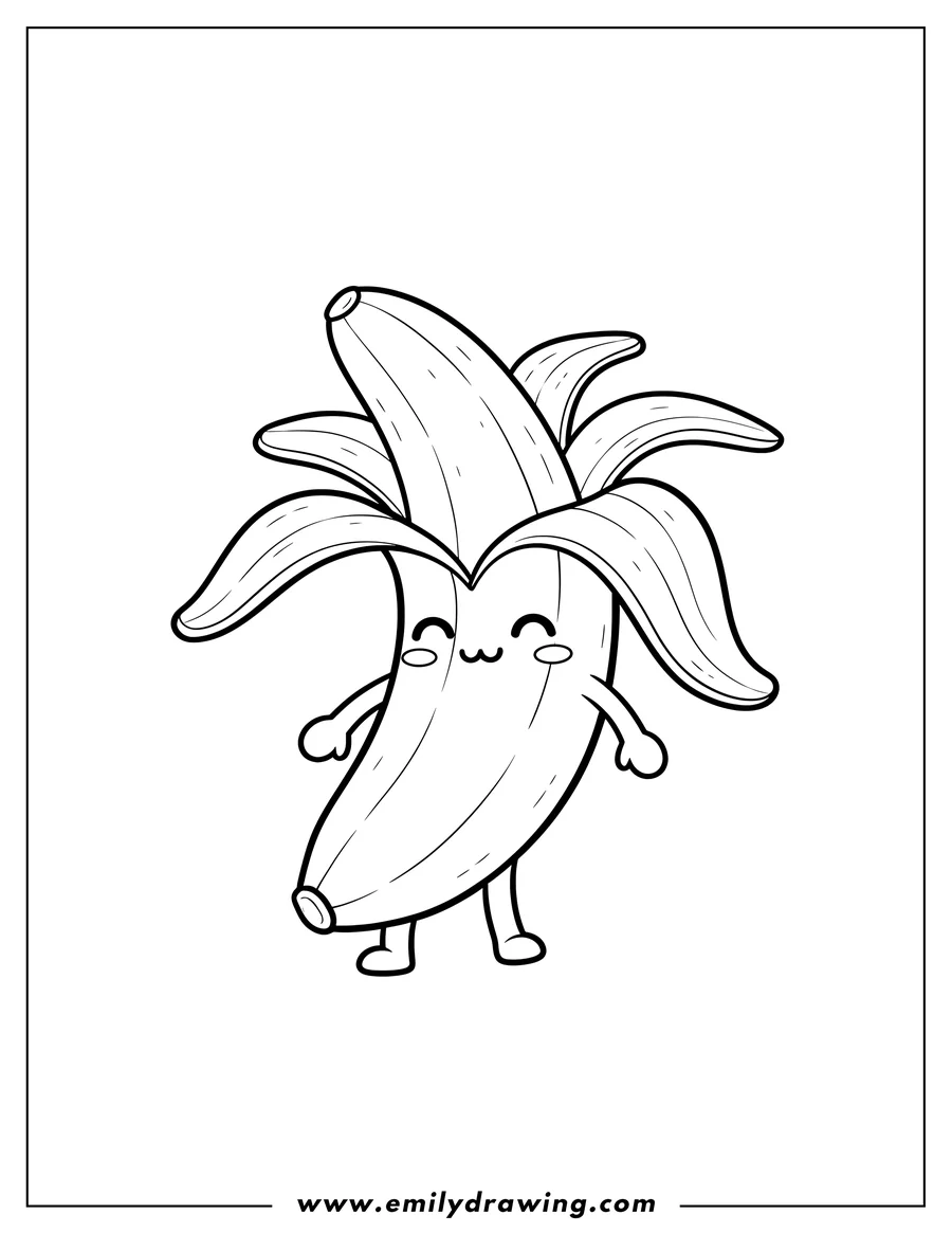 PDF style coloring page: cute Smiling Kawaii Peeled Banana
