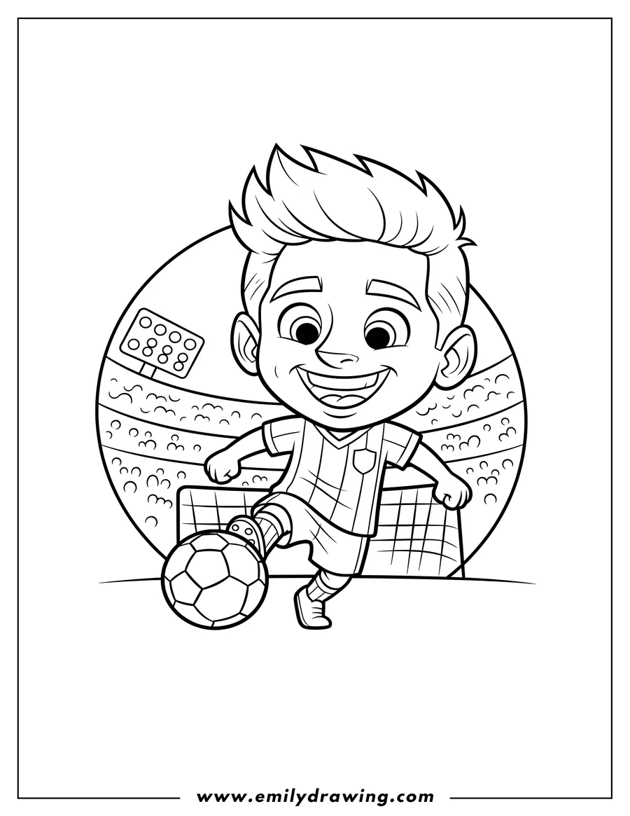 Coloring page of smiling Lionel Messi caricature kicking a soccer ball