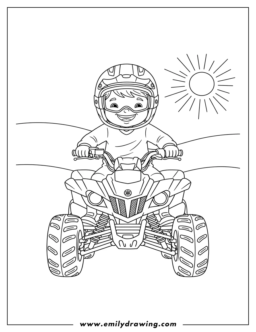 Free to print drawing of smiling Little Boy Riding A Yamaha ATV