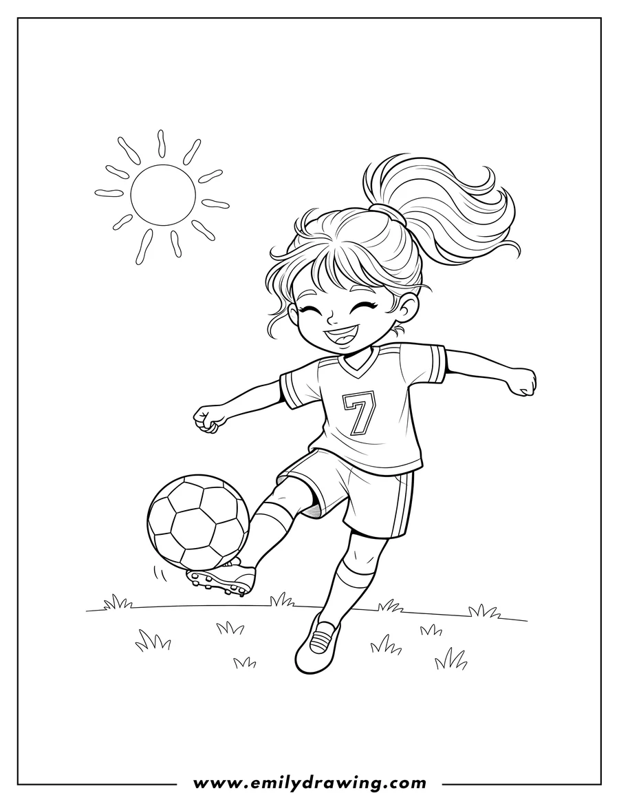 Simple sketch of smiling Little Girl with a Ponytail Kicking Soccer Ball to color