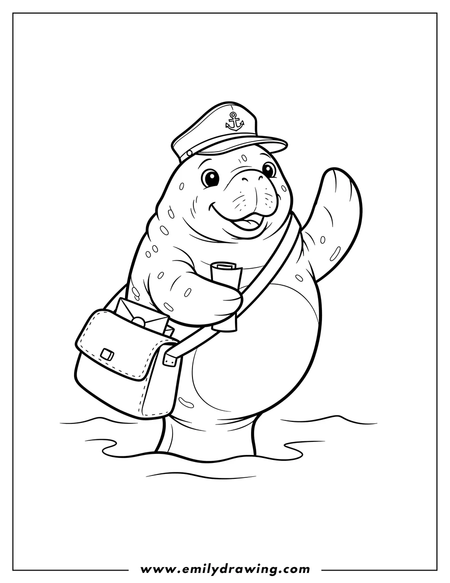 High quality printable A smiling mailman manatee wearing a hat and carrying a satchel for coloring
