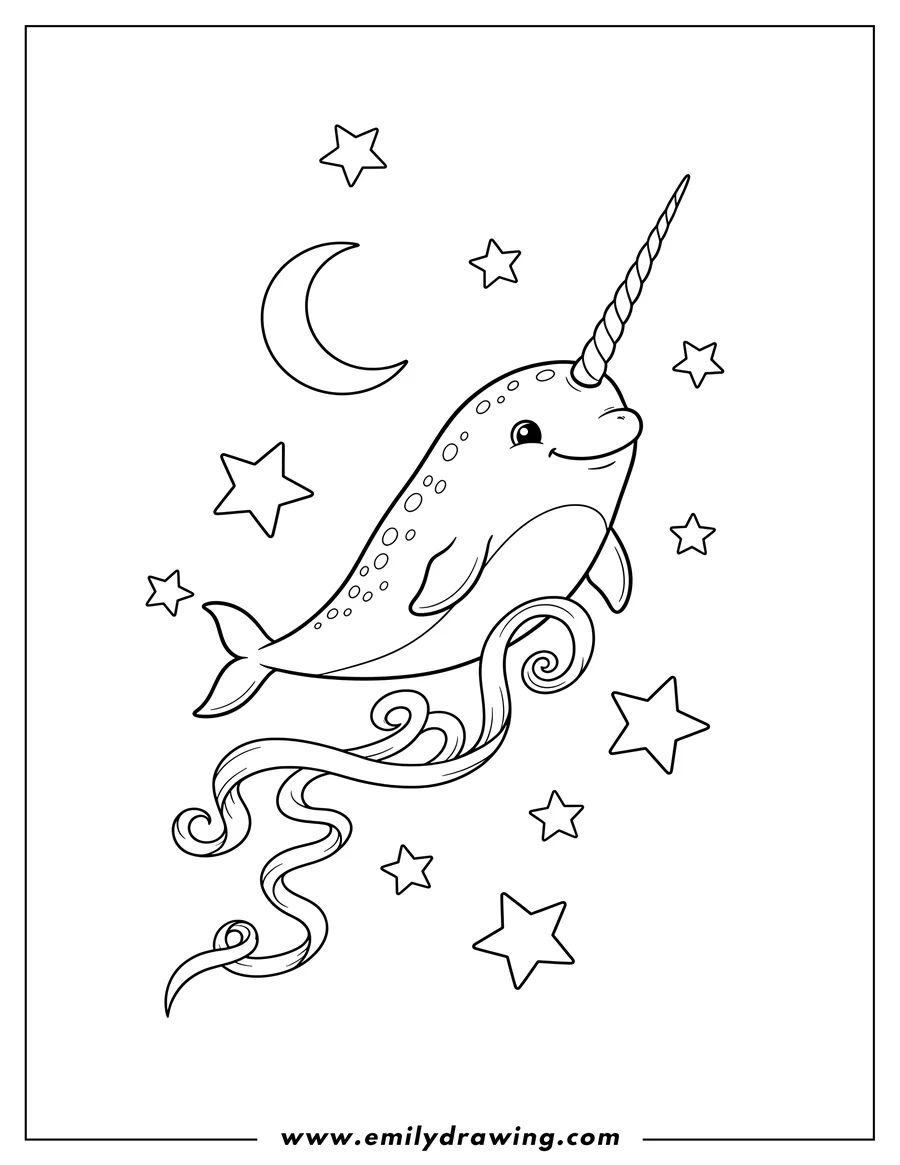 Free printable coloring sheet of A cute smiling narwhal flying with a ribbon in the night sky
