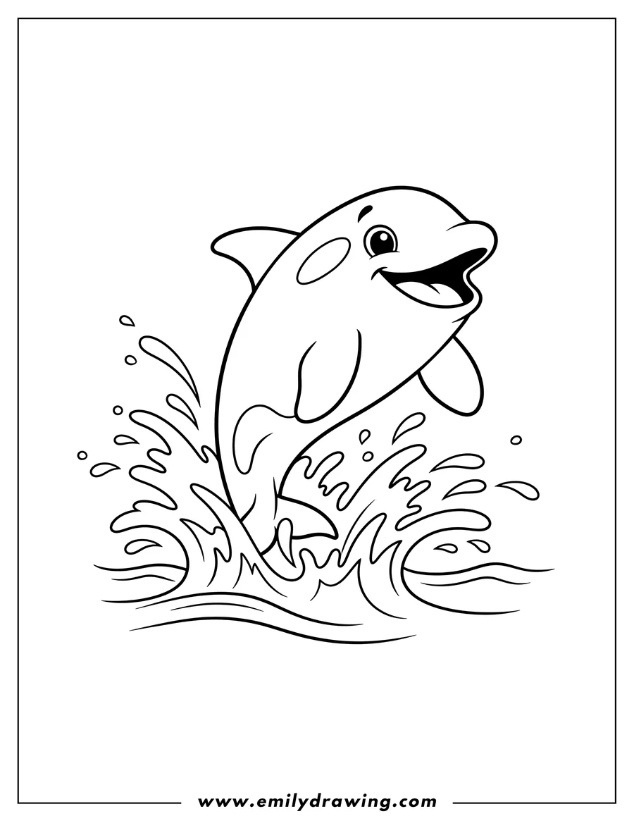 Free to print drawing of cute smiling Orca jumping out of water, making a splash