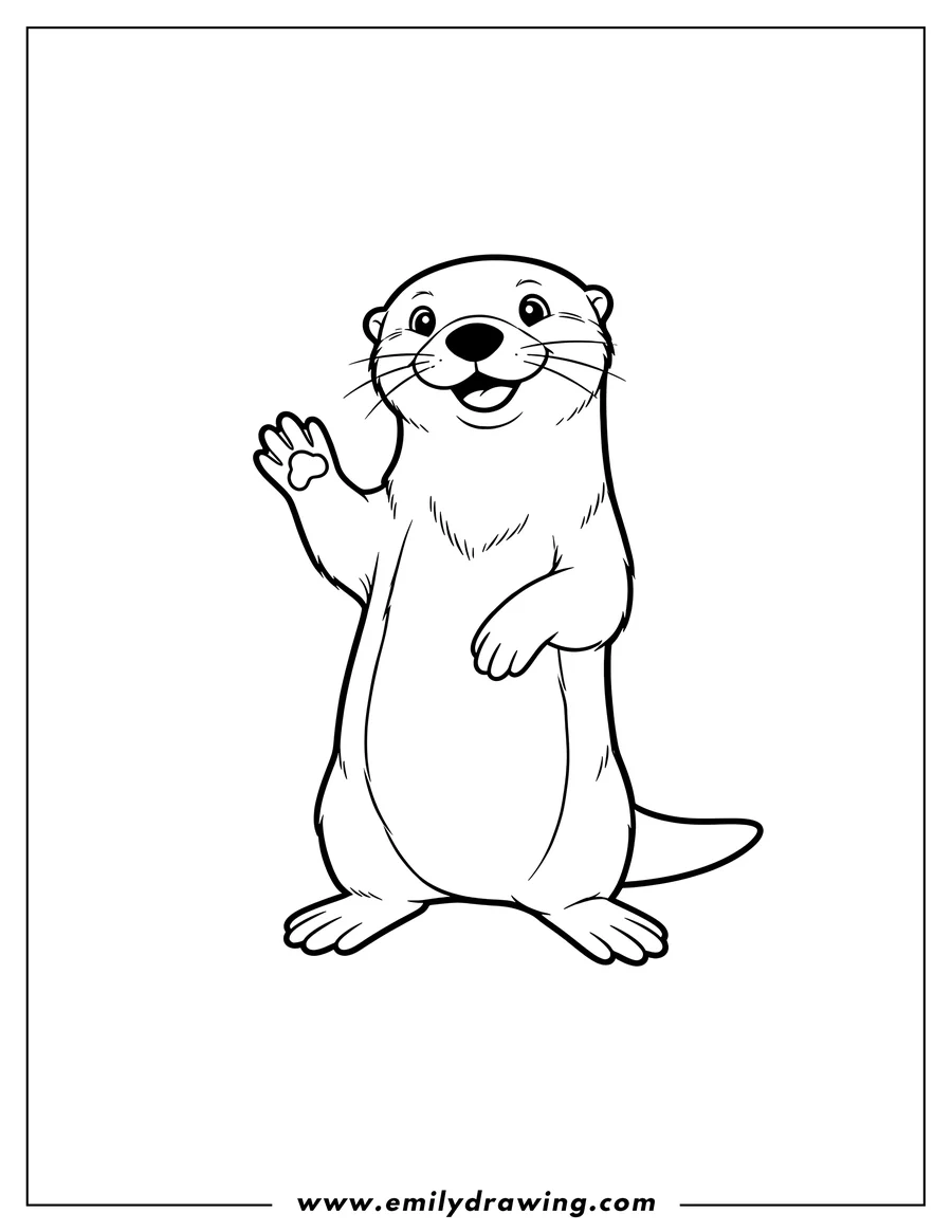 Doodle style coloring picture of smiling Otter Outline, standing upright with raised paws