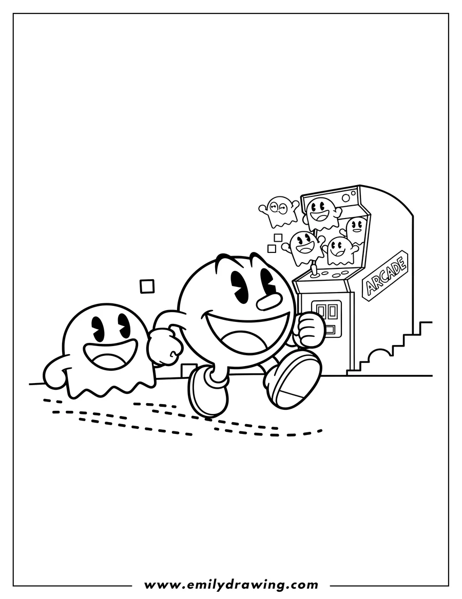 Downloadable coloring page of smiling Pac-Man running and holding a ghost's hand, with other ghosts leaping from an arcade machine