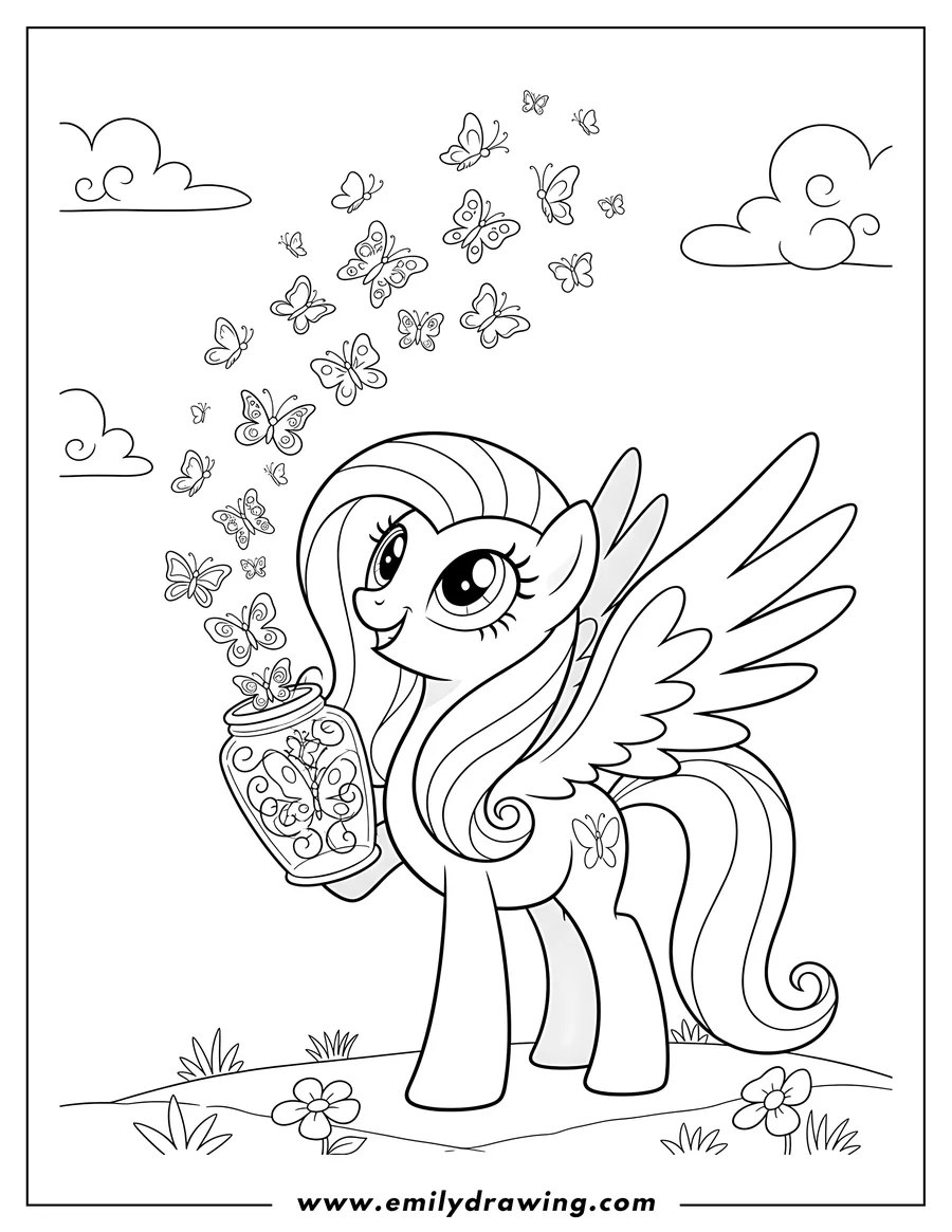 Simple sketch of smiling pegasus Fluttershy looking up as she releases butterflies from a jar to color