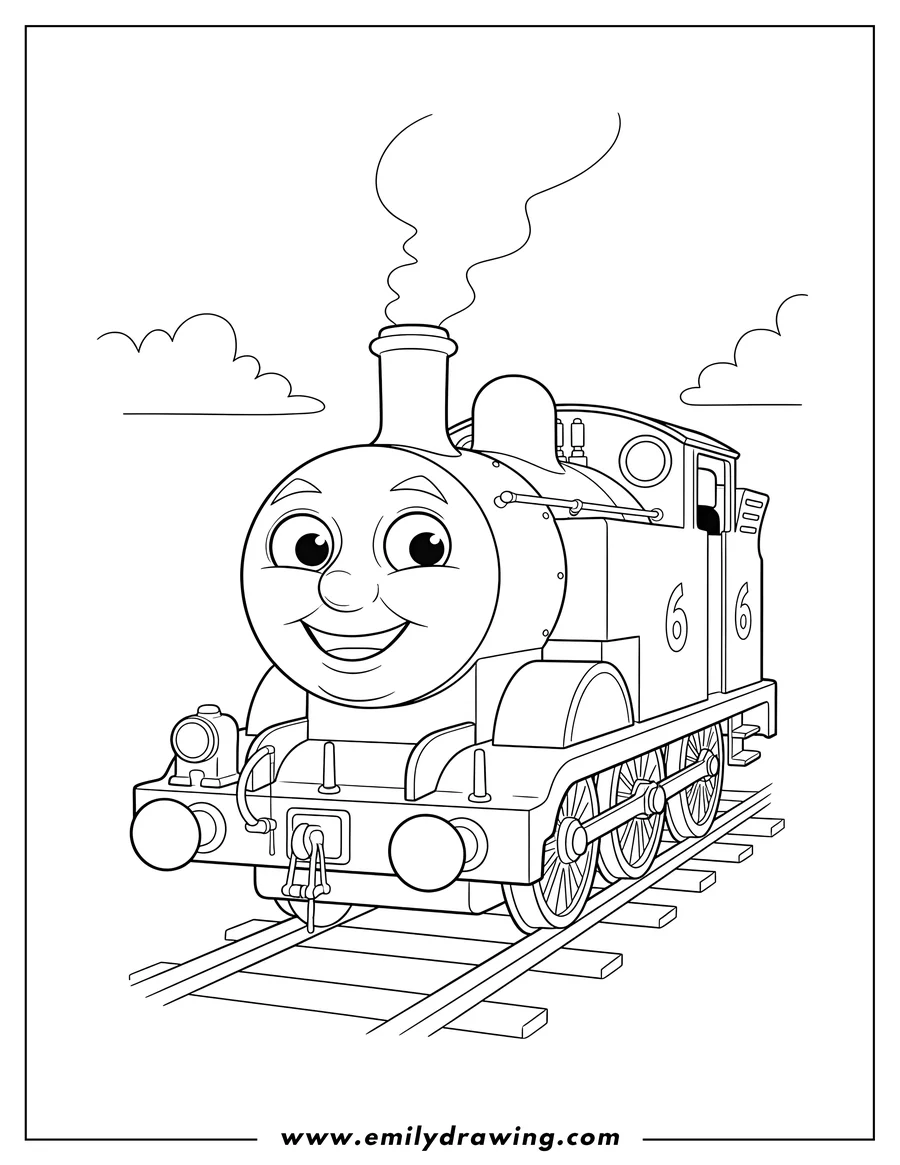 Full page coloring image of smiling Percy the steam engine, number 6, from Thomas & Friends