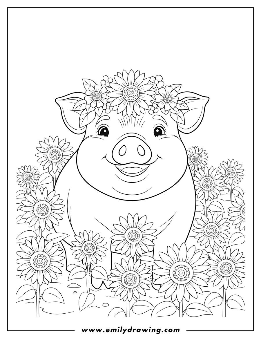 Linear illustration of cute smiling pig with a flower crown looking at the viewer, in a field of sunflowers