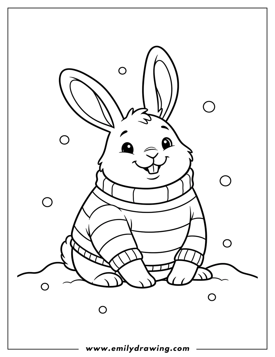 Outline drawing of smiling Rabbit sitting in snow wearing a striped sweater