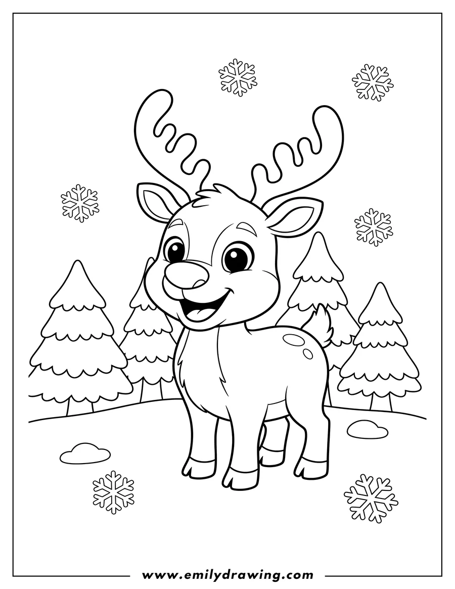 Full page coloring image of cute Smiling Reindeer with Antlers Standing in Snowy Forest for Preschoolers