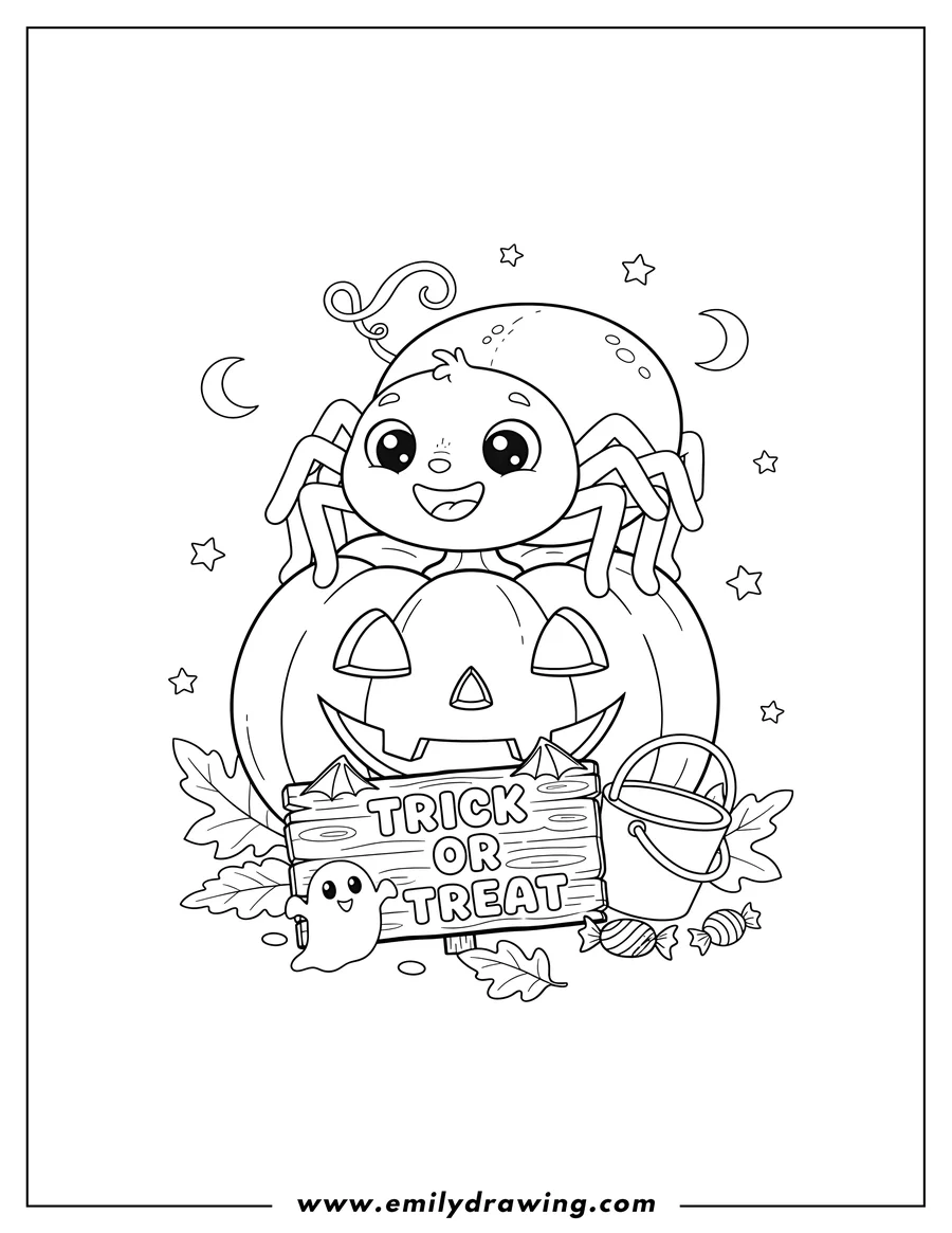 Coloring sheet featuring halloween cute smiling Spider On jack-o'-lantern With Trick Or Treat Sign