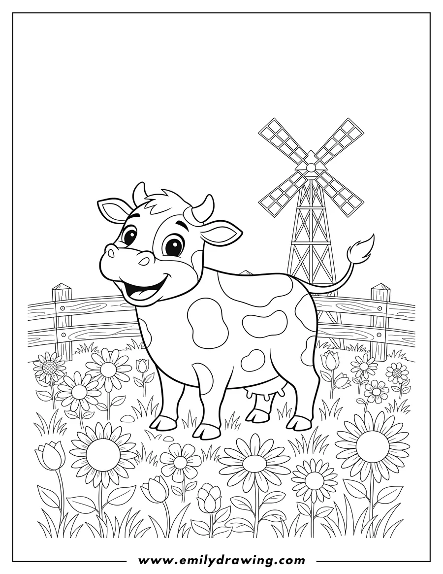 Coloring page for kids: A smiling, spotted farm animal cow standing in a field of flowers, with a fence and windmill