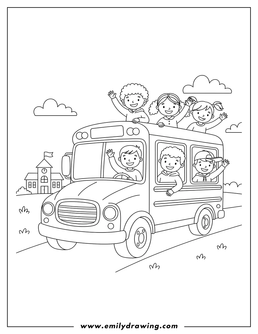 Downloadable coloring page of smiling students waving from a school bus