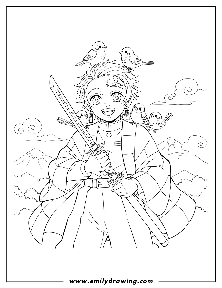 Vector style outline of smiling Tanjiro holding his sword with birds perched on him