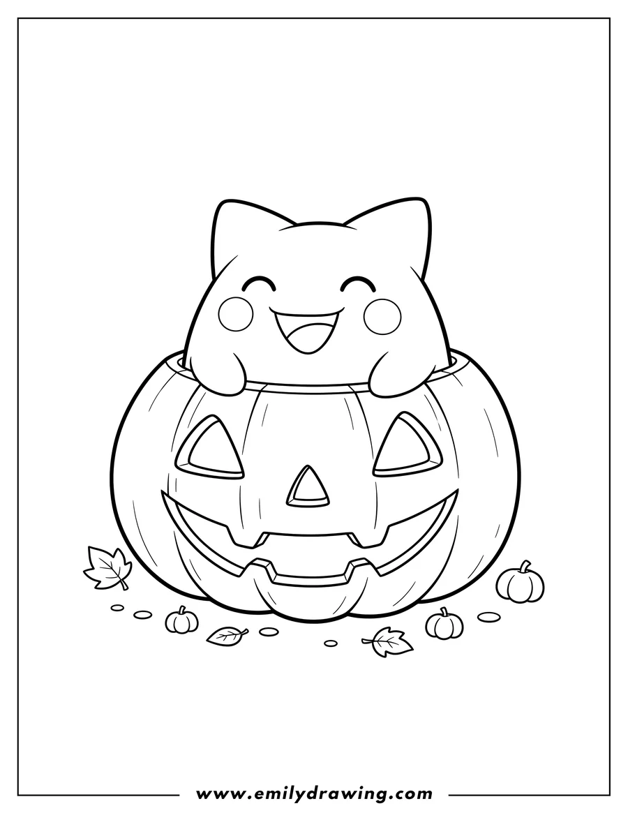 Printable line art of smiling Togepi peeking out of a carved Jack O Lantern, for preschoolers