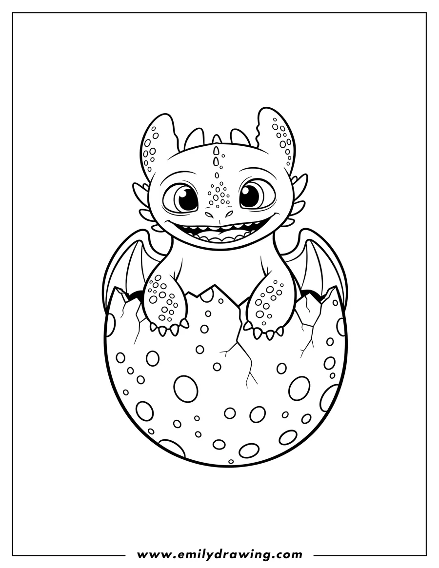 High quality printable smiling Toothless dragon hatching from a speckled egg for coloring